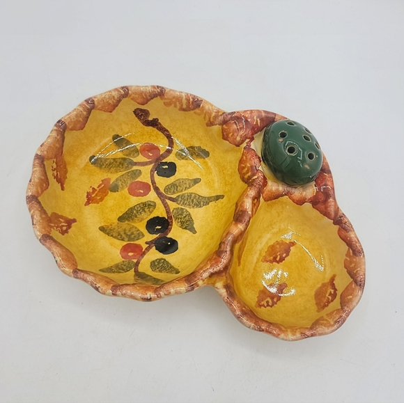 Other - Hand Painted Italian Olive Dish with Toothpick Holder Ceramic Italy 2 Sections